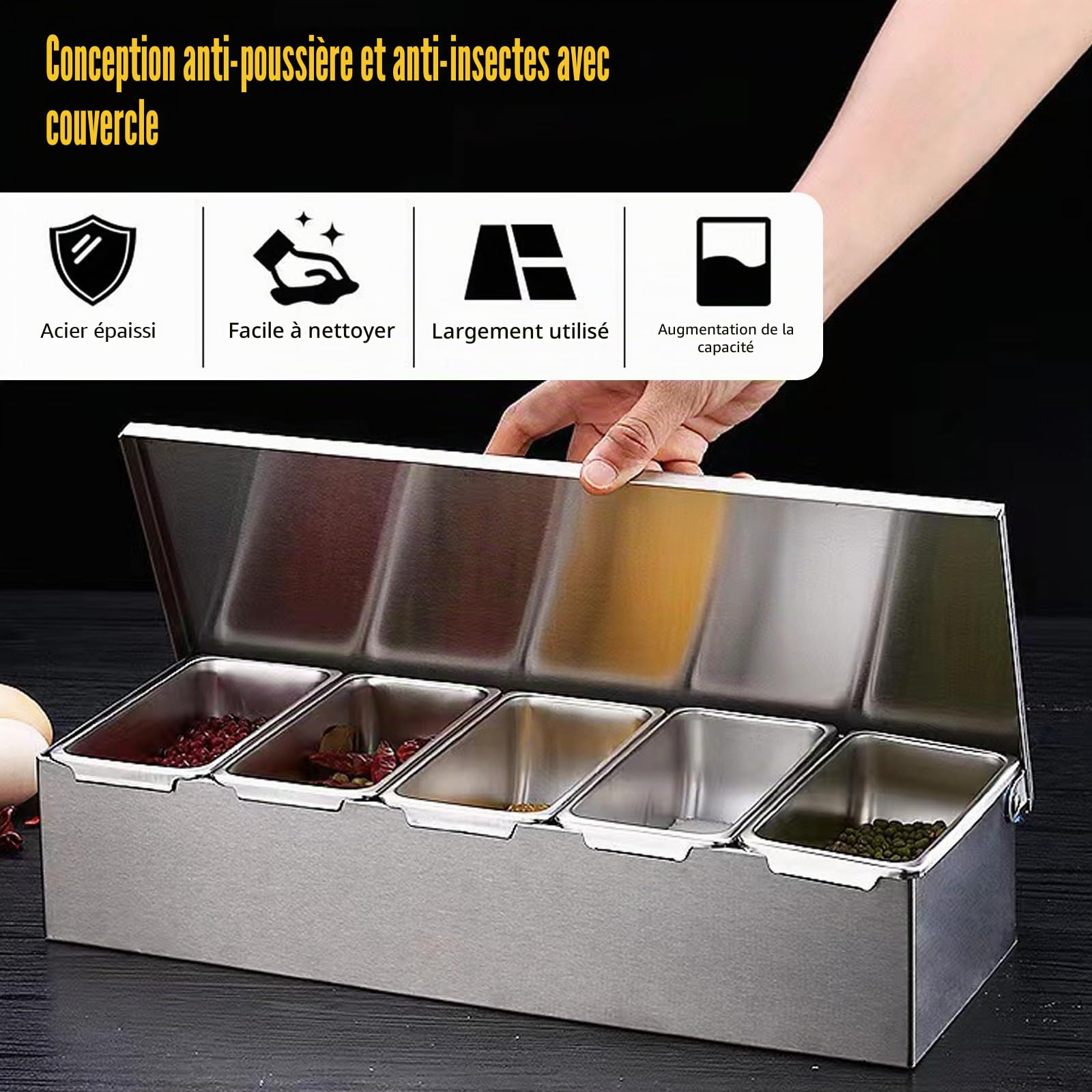 Récipient multi-ingrédients en acier inoxydable avec couvercle, récipient à ingrédients pour bar, cocktail, accessoires de barbecue, station de stockage à pizza