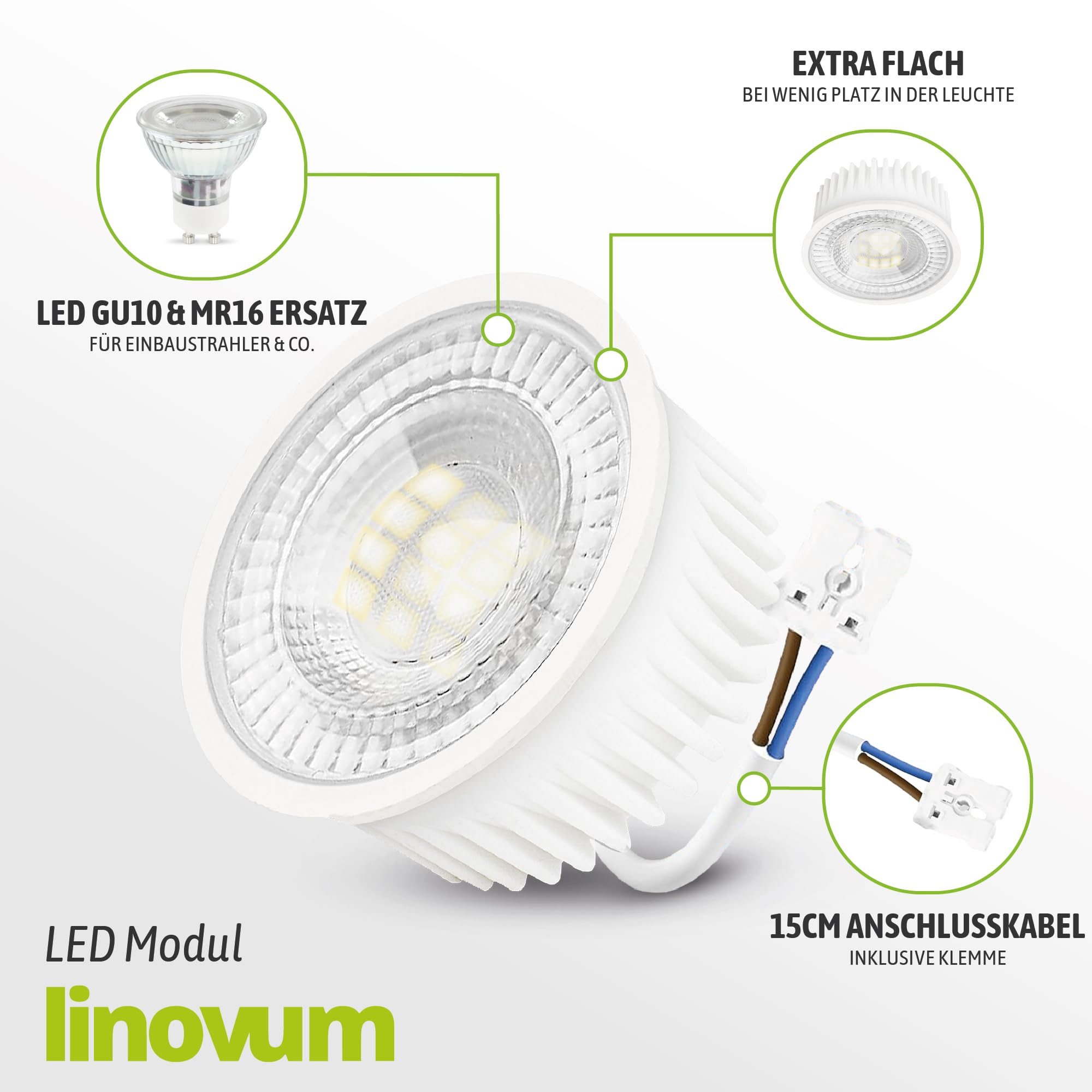 linovum LED Modul 230V warmweiß 3000K ultraflacher Ersatz für GU10 & MR16 Höhe 23mm - LED-Leuchtmittel Ø 50mm 2W Spot Licht