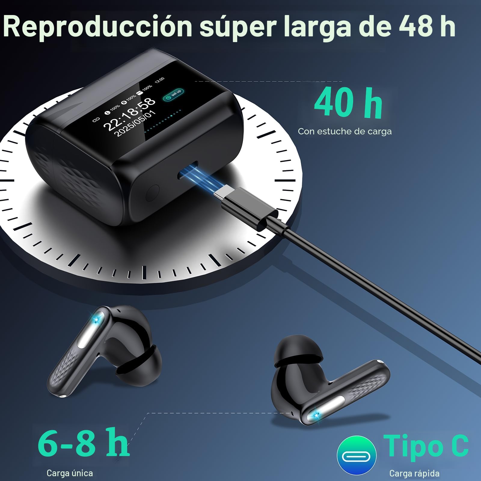 AI Auriculares Traductor en Tiempo Real con Pantalla Táctil LED, 3 en 1 Auriculares Traductores de Idiomas, 6 Modos Traducción con 164 Idiomas, Reducción de Ruido ANC+ENC, 5 Modos EQ, 48H, Negro