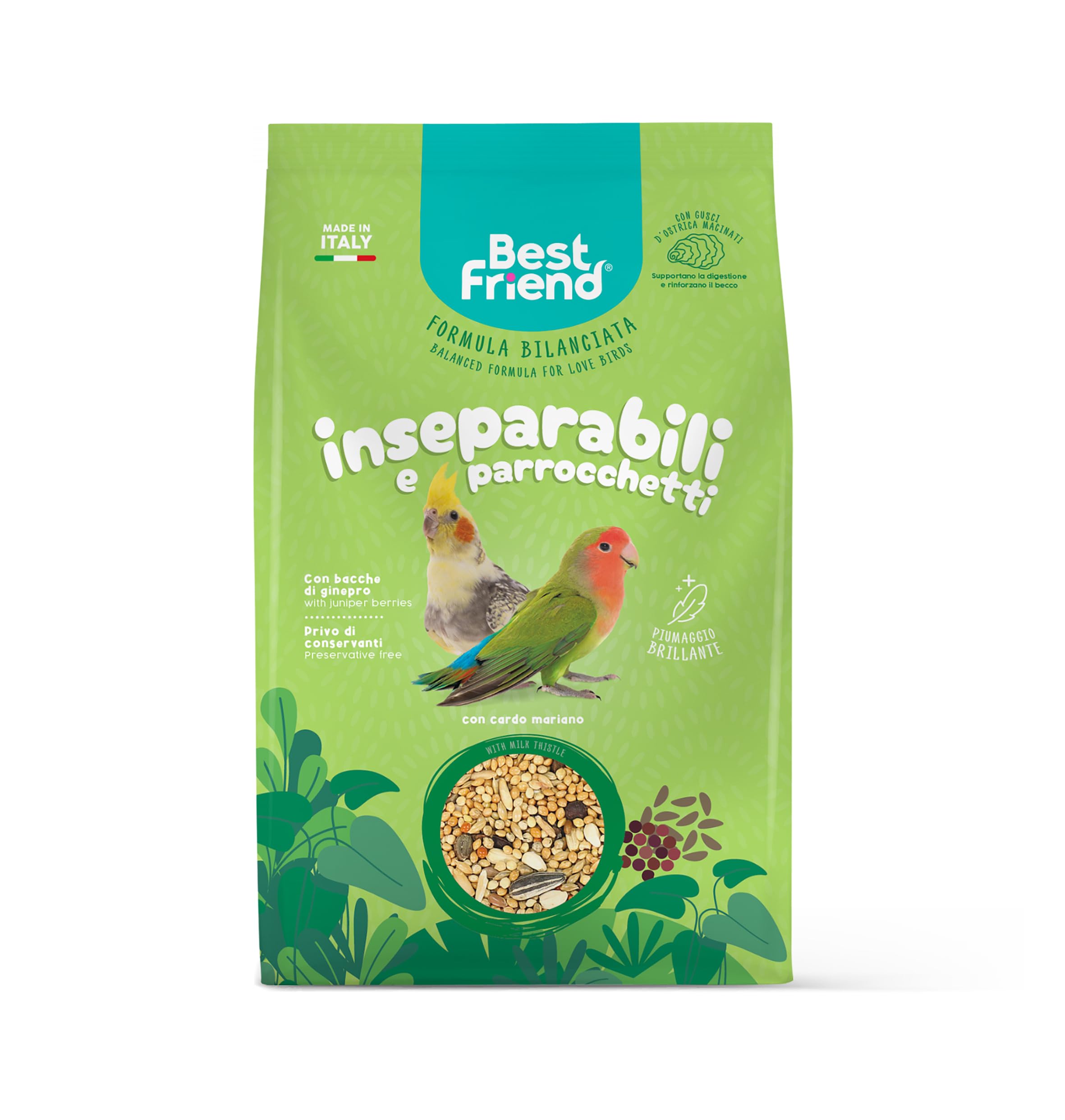 Best Friend Mangime Completo per Inseparabili e Parrocchetti Mangime per gli uccelli con Cardo Mariano. Ingredienti Naturali, Qualità 100% Made in Italy | Confezione da 8 pacchi