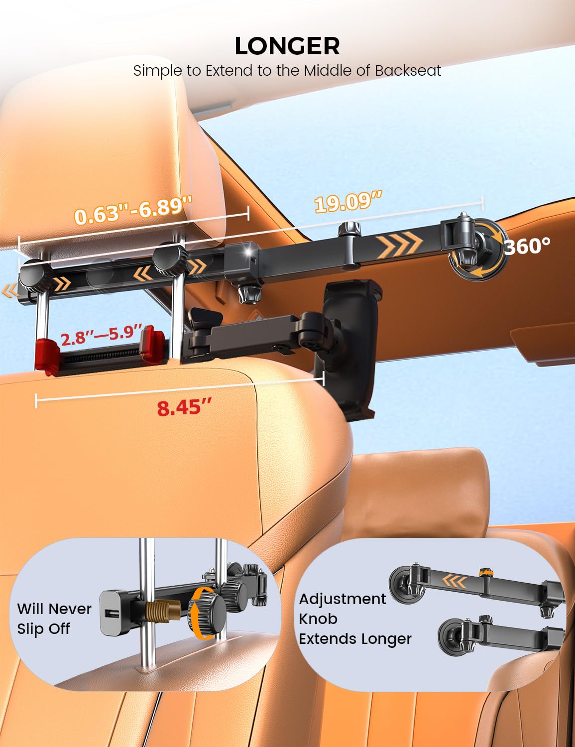 OHLPRO Support Tablette Voiture Magnétique [Bras Extensible Métal + Puissant Magnétisme] Support iPad Voiture Appuie-tête Rotative à 360° Porte Tablette Compatible avec Téléphones et Tablettes