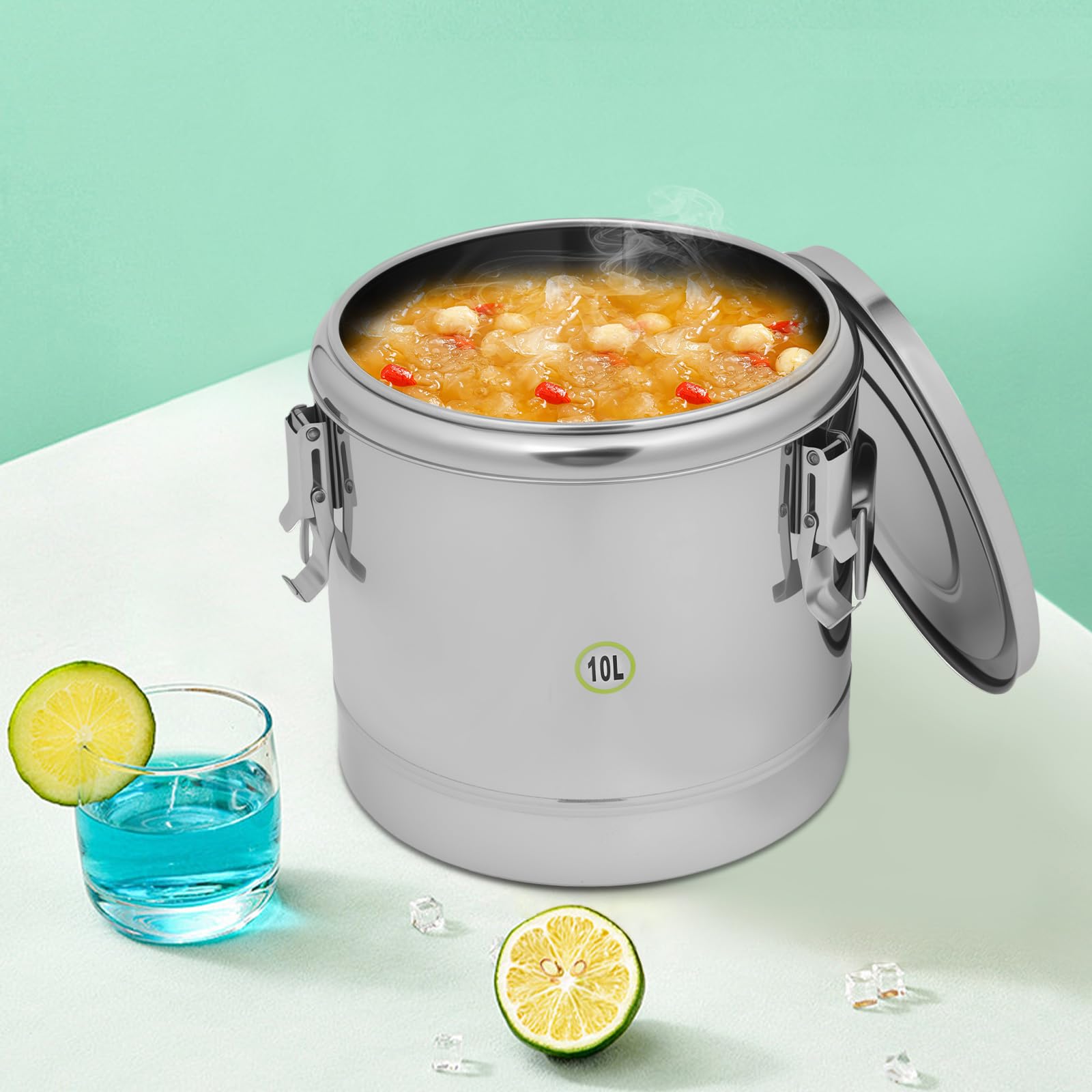 Cubo aislado de acero inoxidable de 10 litros, recipiente térmico con junta de silicona, recipiente para calentar comedores escolares, hoteles y restaurantes, 12 h caliente 24 h frío, sin grifo