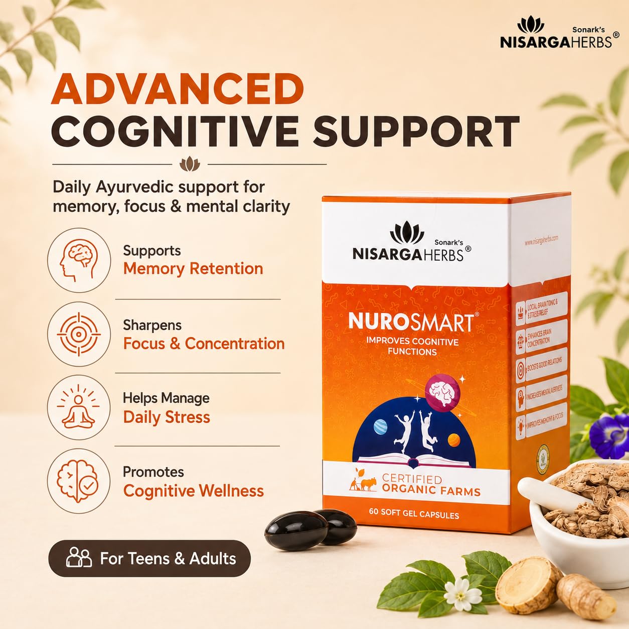 SONARK'S NISARGA HERBS Nurosmart (60 Soft Gels) – Ayurvedic Cognitive Support Supplement – Natural Brain Booster for Memory, Focus & Daily Stress Management for Teens & Adults — Amazon image 4