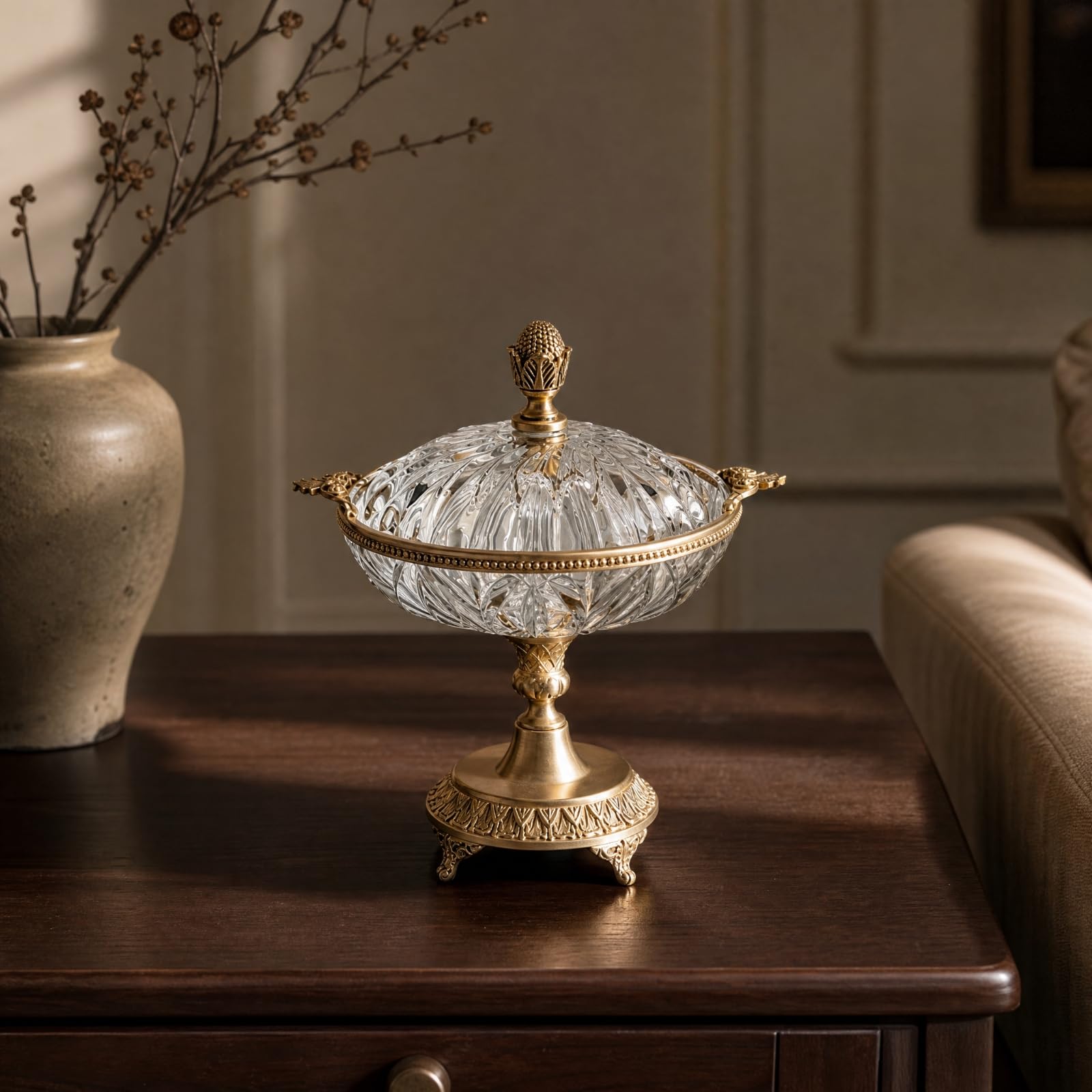 Alzatina Coperta in e Rame Giallo | Decorativo, Ciotola Decorativa con Manici e Piede, Trasparente, Centrotavola, per Toletta