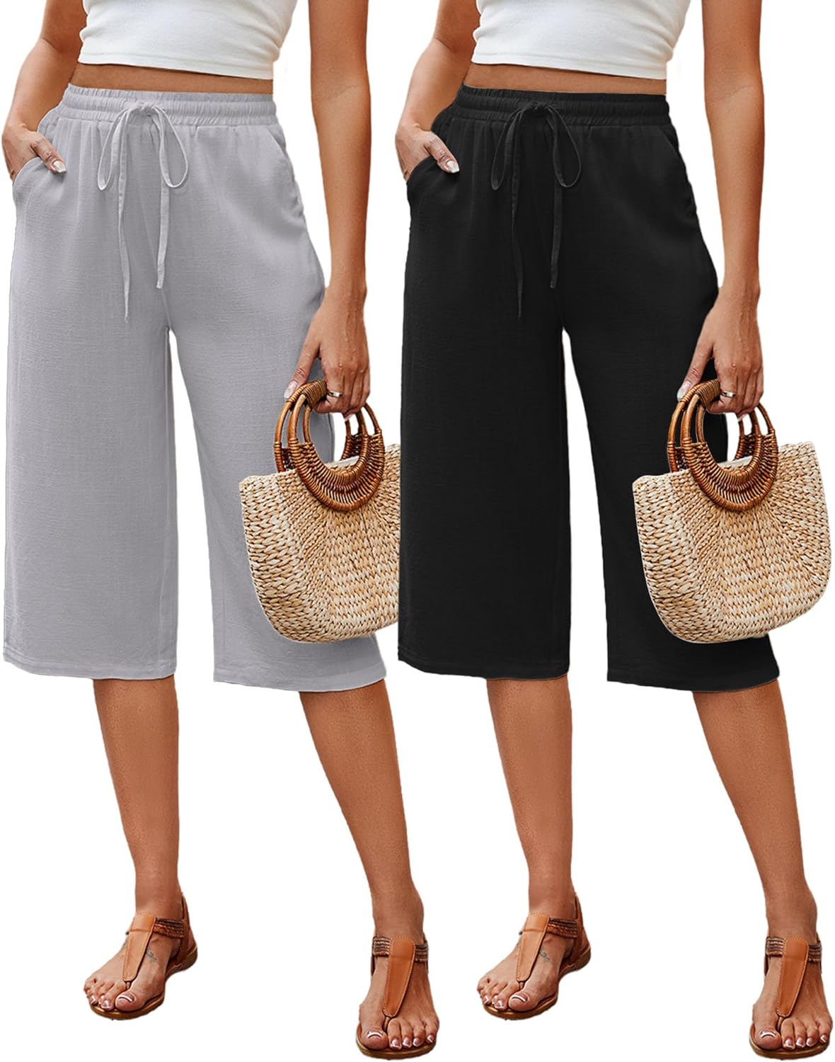 Neer 2 Pack Women's Linen Capris, Summer Drawstring Wide Leg Pants Casual High Waisted Palazzo Trousers with Pockets(Black, Light Grey,X-Large)