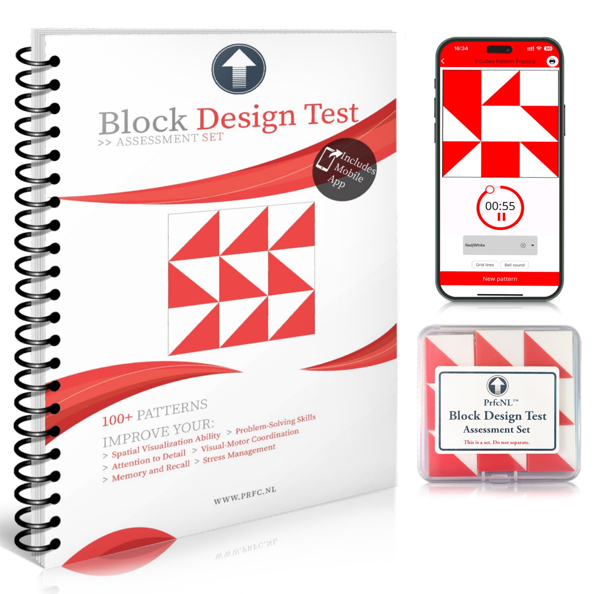 PrfcNL Pacchetto di pratica ed esame del test del QI come BDT, WISC, WPPSI, WAIS con oltre 100 modelli, app mobile, blocchi 3D e manuale,Kit educativo Montessori per concentrarsi, coordinamento e memo