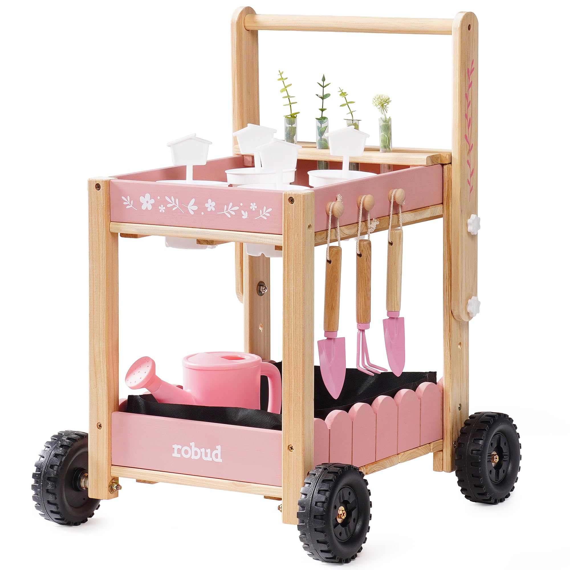 ROBUD Kids Gardening Set with Wooden Trolley - Gardening Tools with Watering Can, Shovel, Hand Rake, Plant Cups, Hydroponic Tubes , Educational Outdoor Garden Toy for Boys Girls Gifts Age 3+, Pink