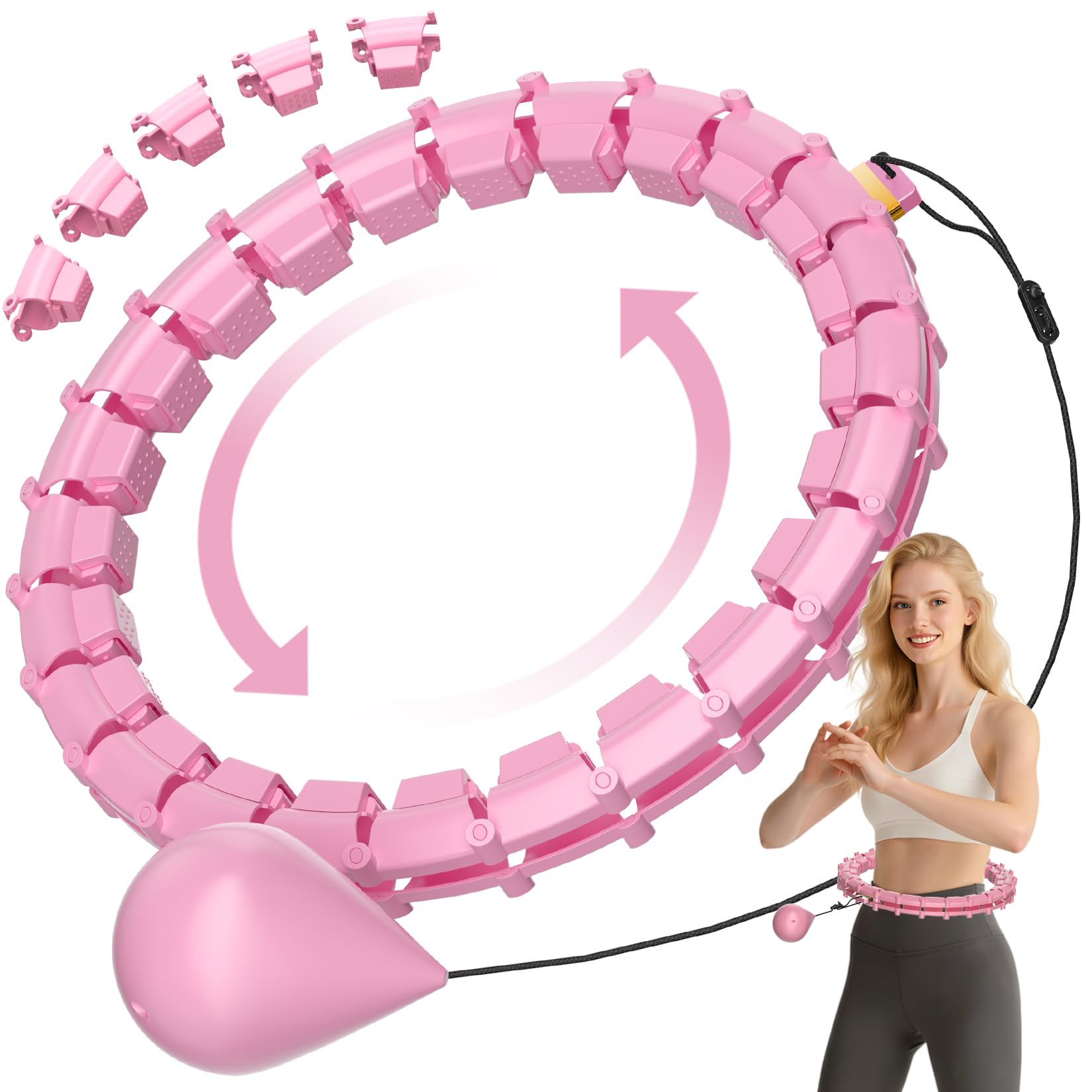 HCOIW Plus Size Silent Weighted Hula Infinity Fitness Detachable Hoops 65-Inch 32 Knot, Smart Noiseless Infinity Hula for Women, 2-in-1 Waist and Abdominal Home Workout Equipment, Pink-image-37