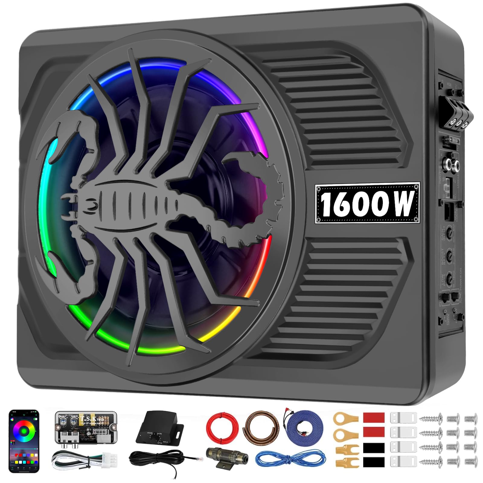 2026 Upgraded 1600W Slim Under Seat Powered Car Subwoofer and Amp Package with RGB Beat-Synced Light, Car/Truck Audio Sub Built-in Amplifier amp Combo Package, Clean Deep Bass