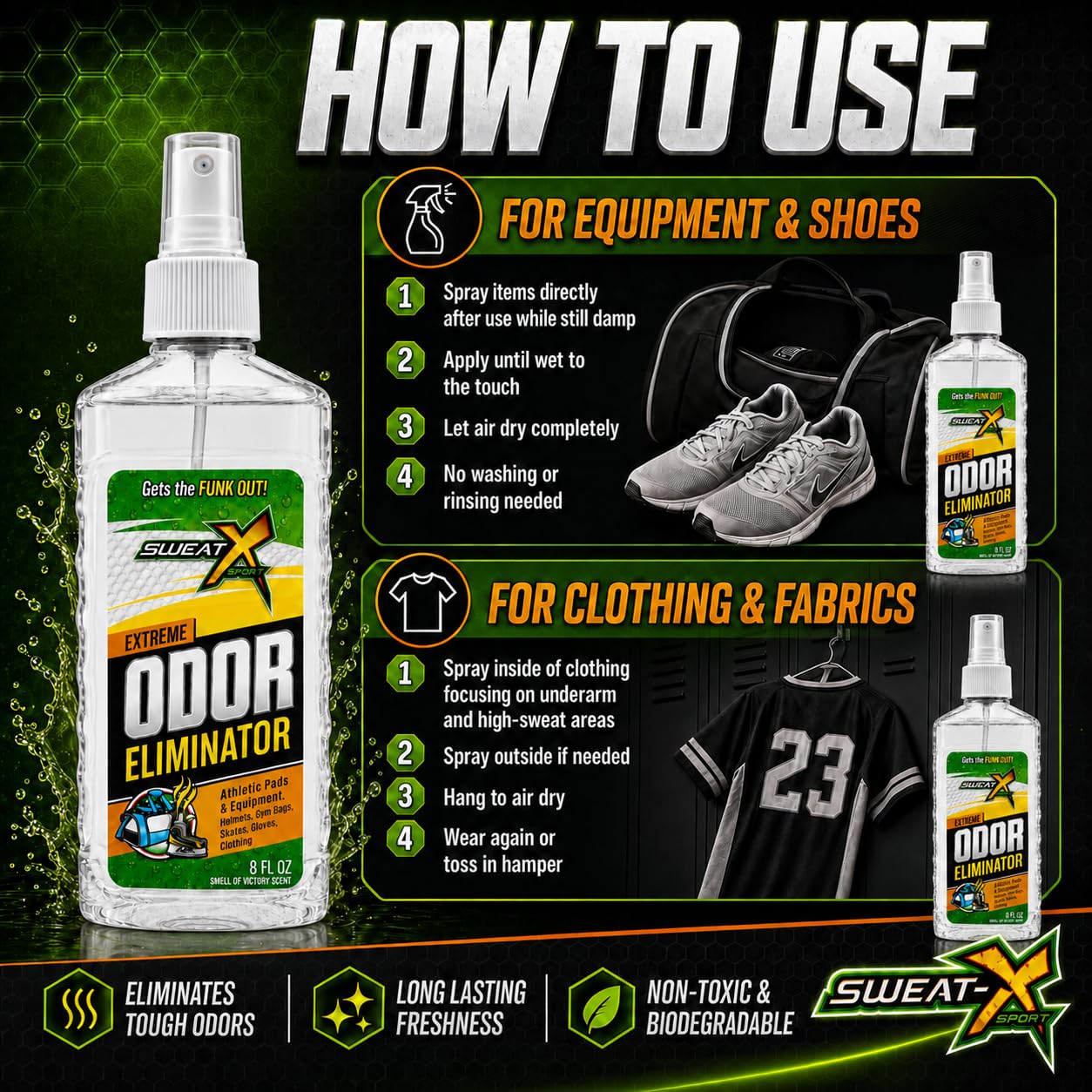 SweatX Extreme Odor Spray – Mehrzweck-Deodorierer ohne Waschen – ideal für Schuhe und Fitnesskleidung – Victory Scent (236 ml)