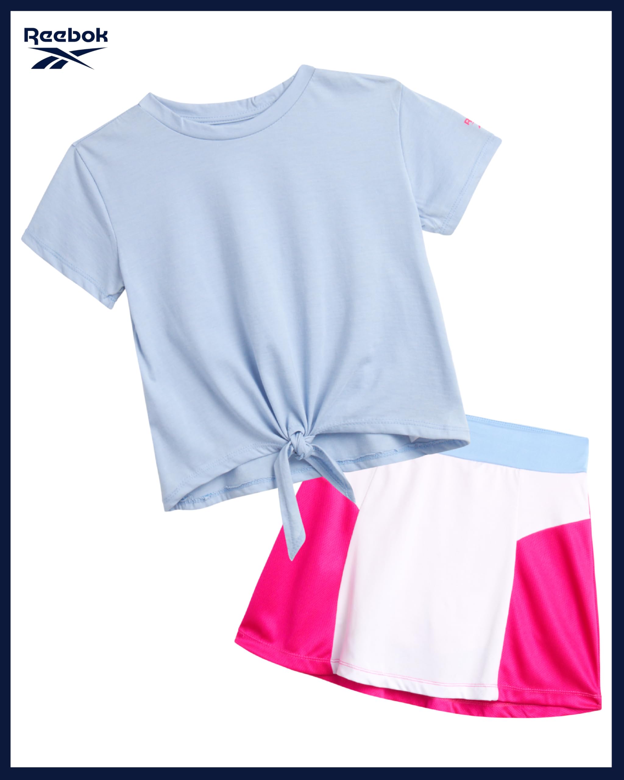 Reebok Conjunto de falda deportiva para niña, 2 piezas, camiseta manga corta, falda de tenis, tallas 7-12