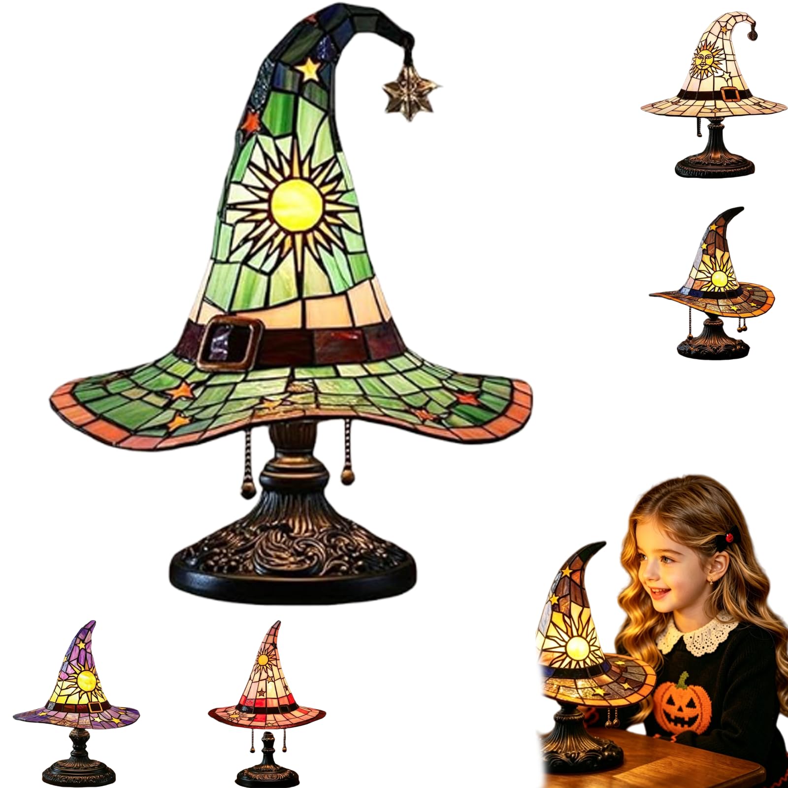 UIRPK Stained Glass Witch Hat Lamp,Handmade Witch Hat Lights, Handcrafted Retro Resin Witch Lamp, Halloween Home Decor Accent Lamps for Bedroom & Bookshelf (A-M)