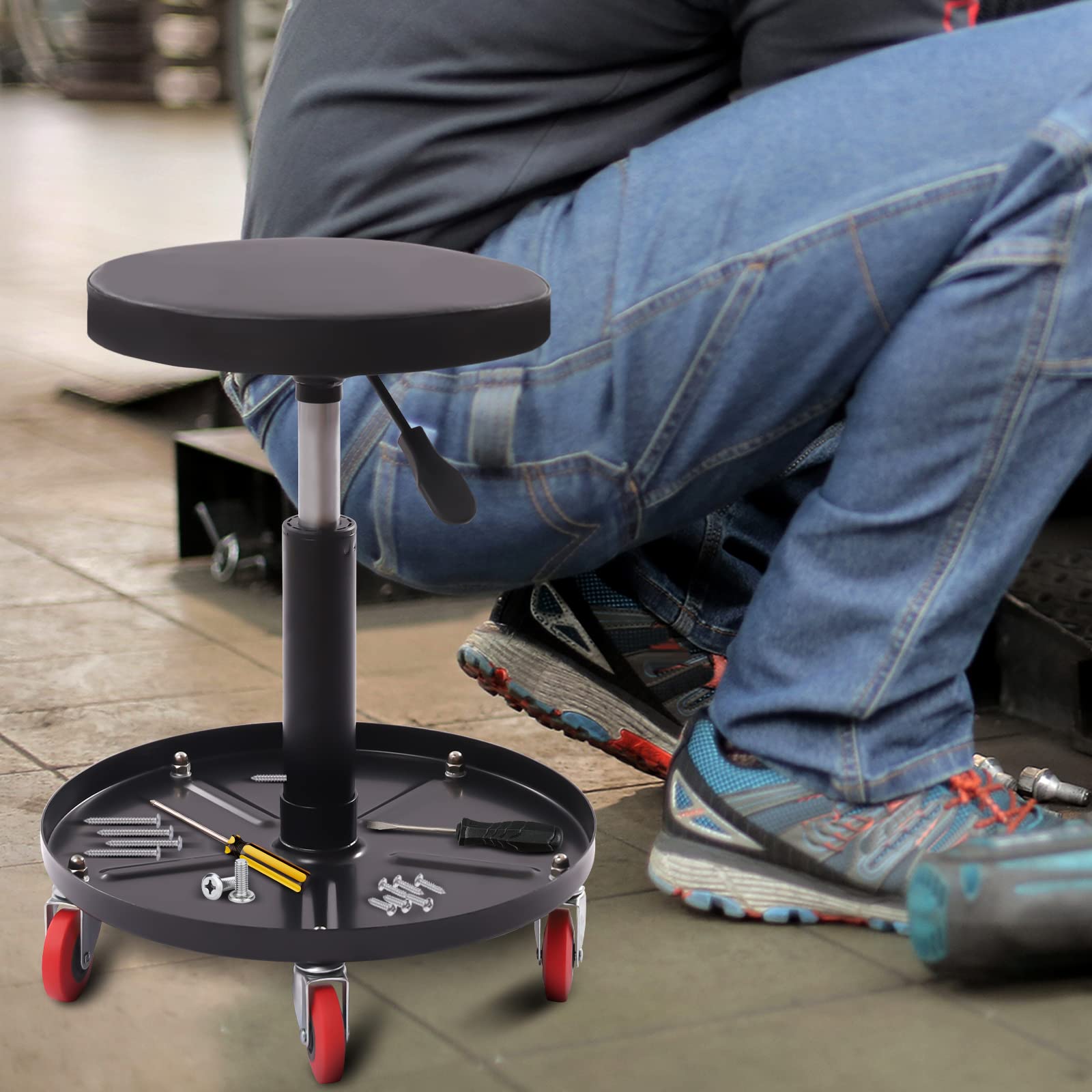 Sgabello da officina con vassoio di appoggio, rotondo, girevole, da officina, con leva a mano, altezza regolabile, 44-56 cm, colore nero