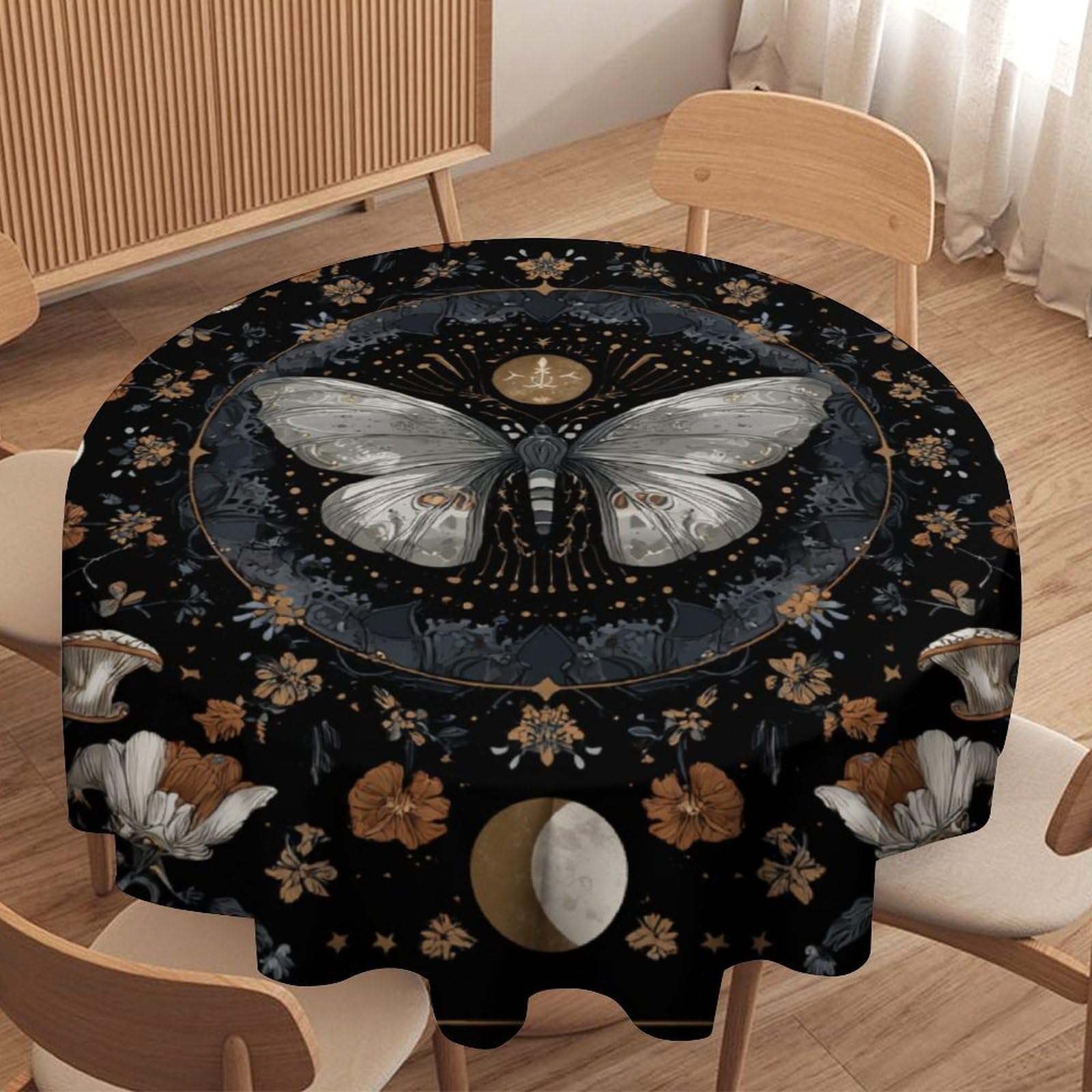 LUYYSKY Fantasy Rustic Boho Mushroom Round Tablecloth Retro Abstract Moon Phase Butterflies Flowers Print Washable Decor for Table Cover for Kitchen-127 Wx127 L cm