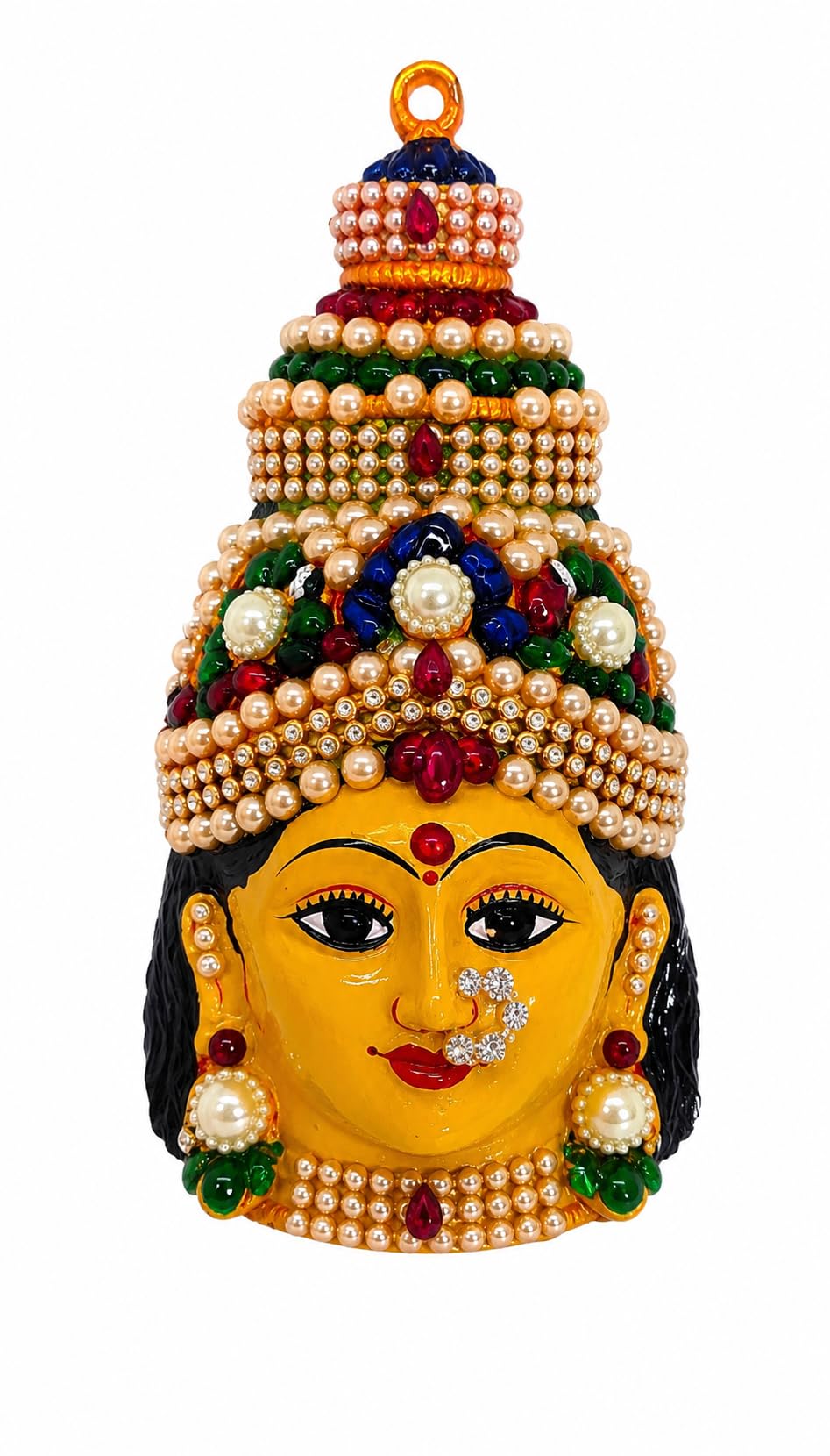 pmw - 6.5 Inch Decorated Gowri Face for Varalakshmi Pooja | Handmade Pearl & Stone Work Gauri Face Idol for Temple & Festive Decoration-picture-30