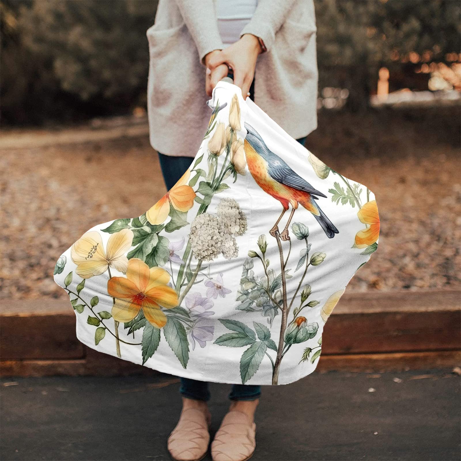 Nursing Cover for Breastfeeding Scarf, Bird White Yellow Flower Floral Baby Car Covers Super Soft Multi Use for Canopy Shopping Cart Cover Blanket Stroller Cover