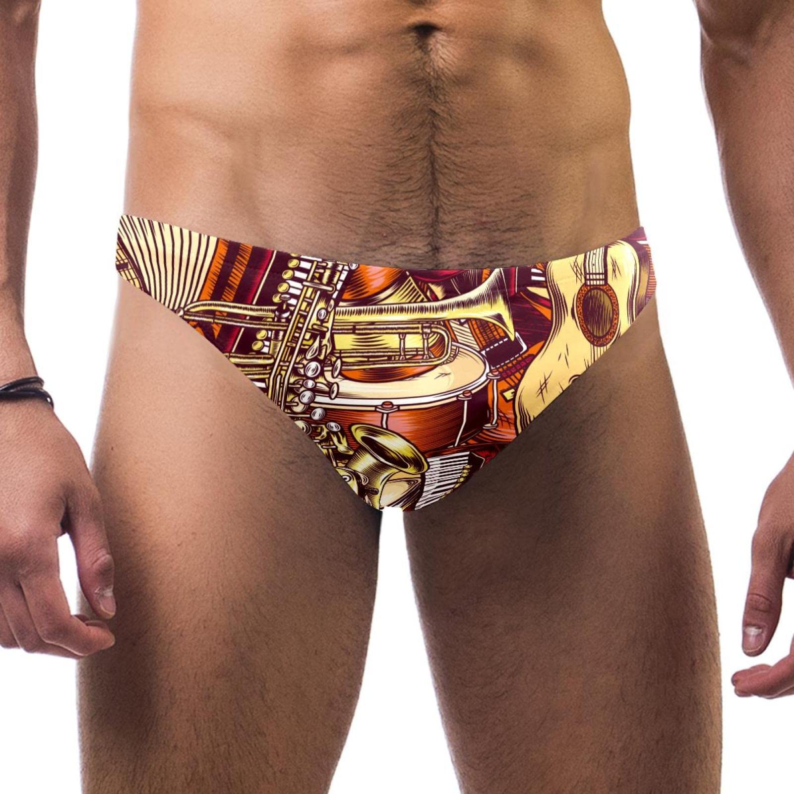 Men's Ployester Swim Briefs Print Bikini Swimsuit with Elastic Waistband Retro Guitars Musical Instrument