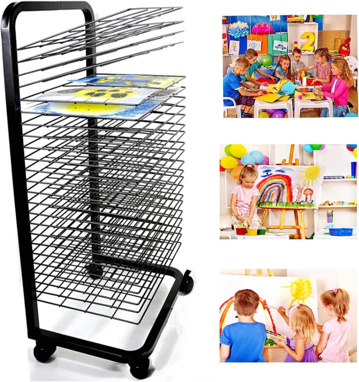 Aioneer Drying Rack, 25 Shelf Mobile Art Drying Rack with Wire Shelves for Works of Art, Mobile Classrooms, Schools and Art Clubs, Art Studios and Home Use, Black Powder Coated Finish