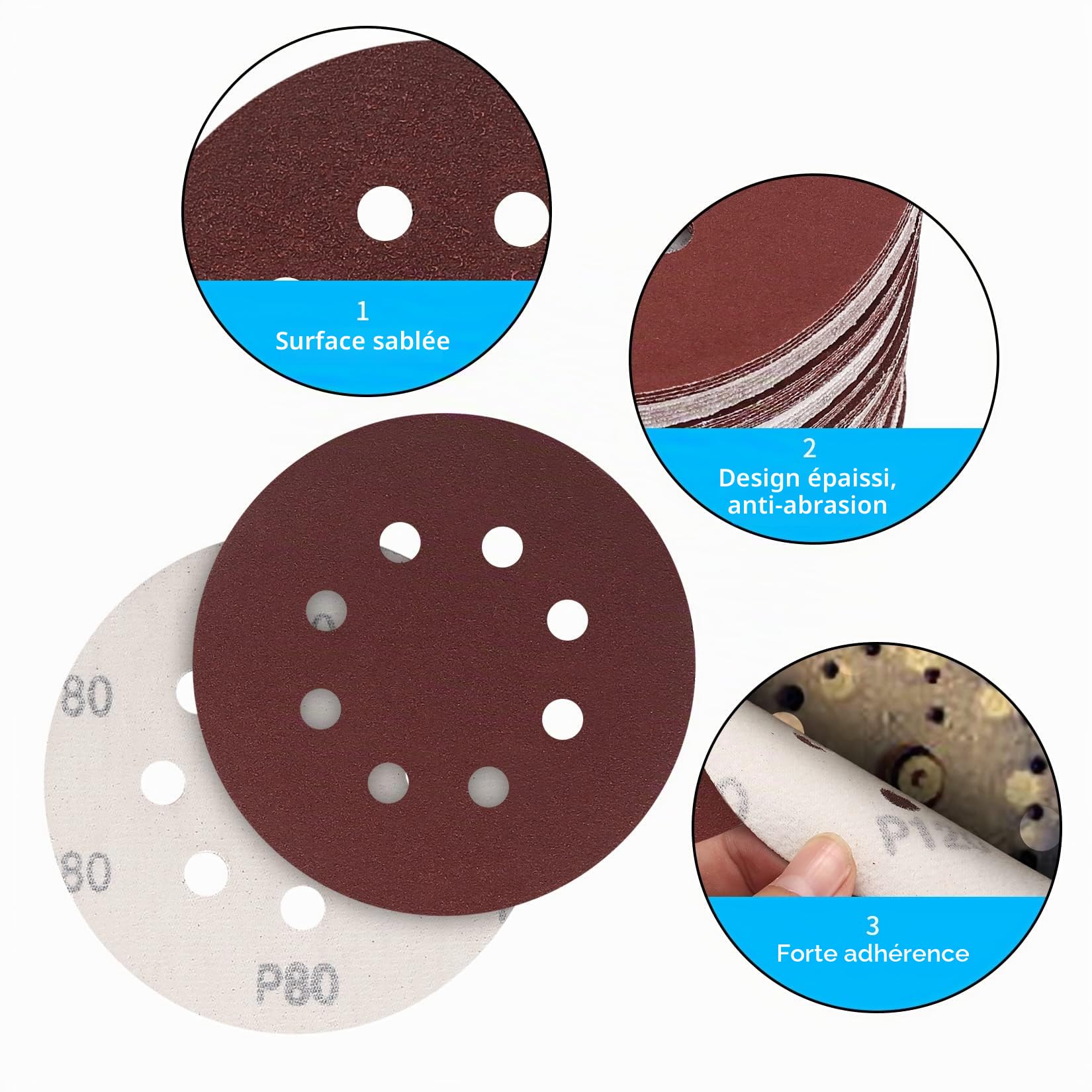 Disques Abrasifs 125 mm 5 Pouces Grain 80 8 Trous Papier Abrasif pour Ponceuse Orbitale