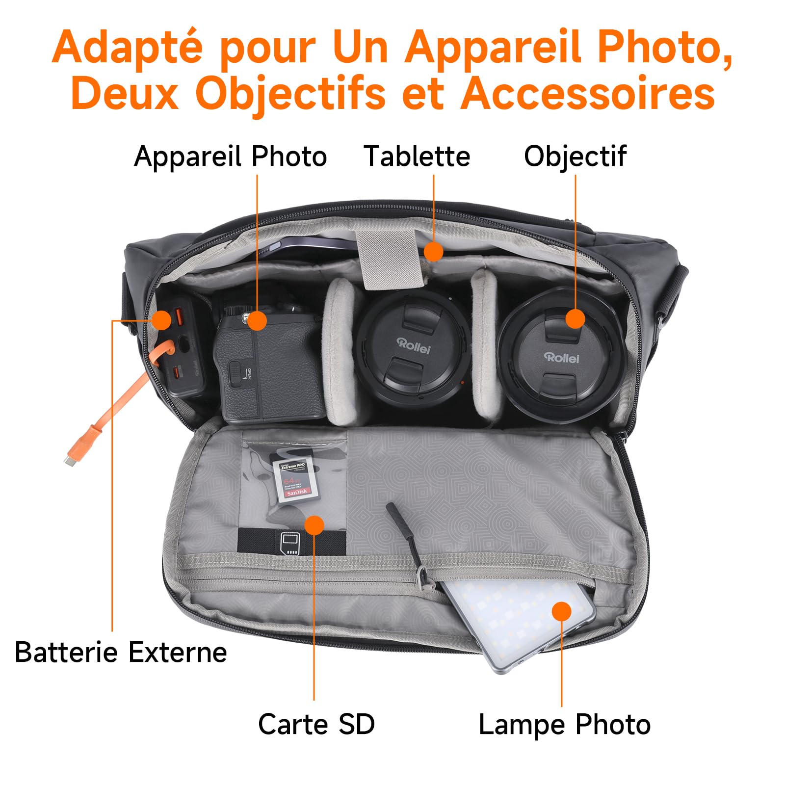 Sac Appareil Photo, Rollei Fotoliner Ocean Bag L Sac à Bandoulière Grand Sacs à Épaule avec Bandoulière Réglable Sacs de Photographe Imperméable pour Appareil Photo Reflex Numérique et Accessoire Noir