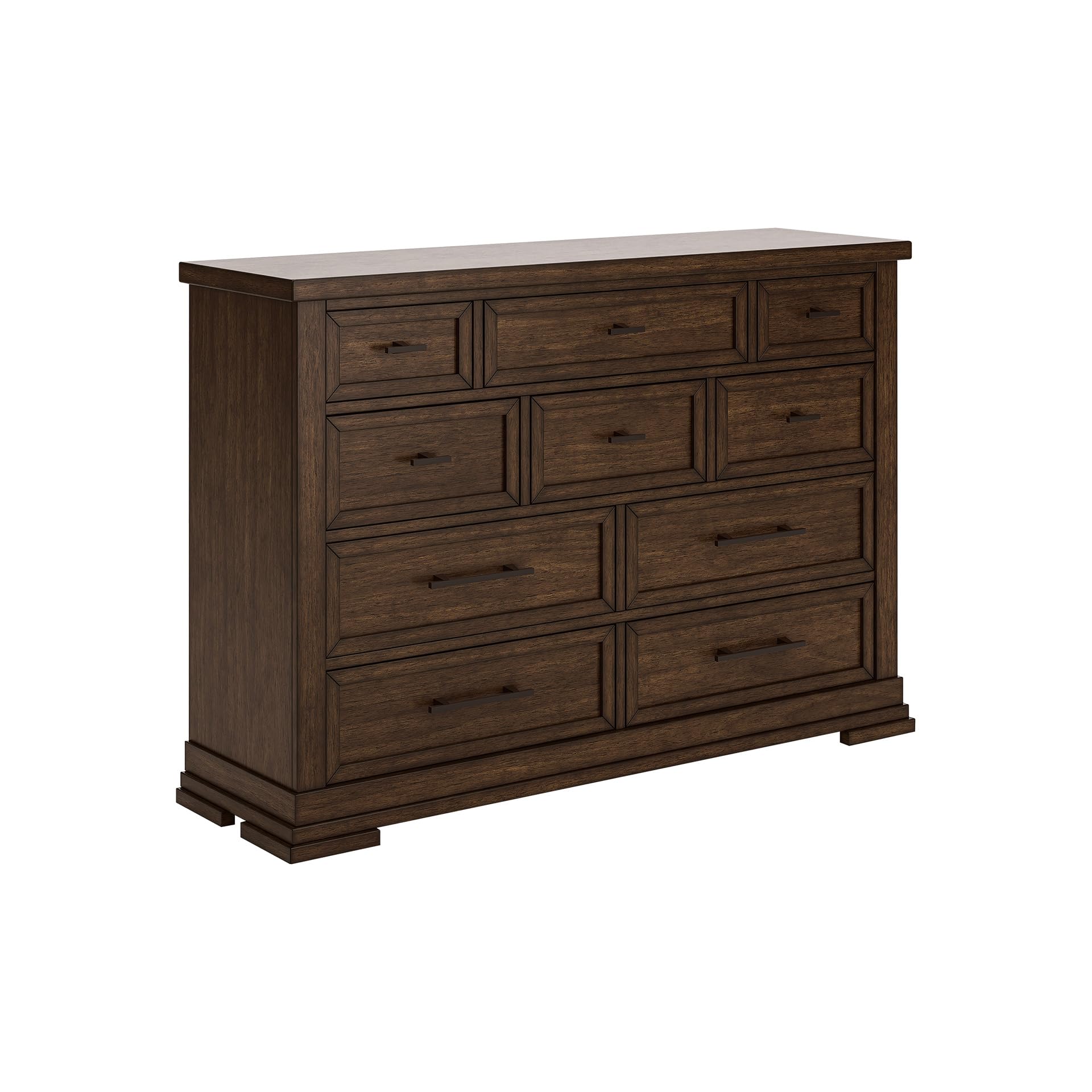 Signature Design by Ashley Taffenbrook Farmhouse 10-Drawer Bedroom Dresser with Felt-Lined Top Drawer for Jewelry and Delicates, Easy Glide Drawers, Picture Frame Moulding, Black Handles, Dark Brown Medium Brown 10 Drawer Dresser