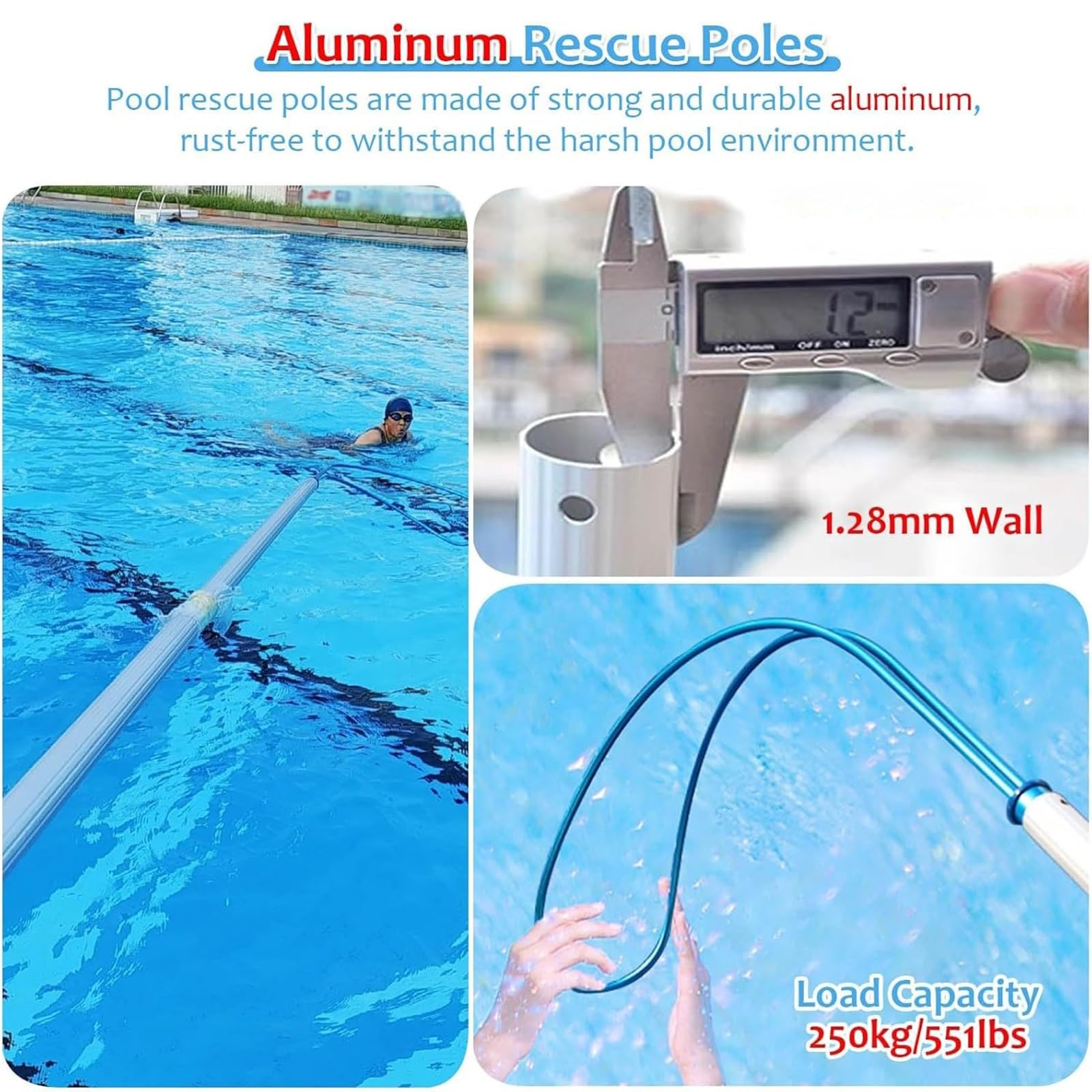 Palo di Salvataggio con Aste Telescopiche in Alluminio, Palo di Salvataggio della Piscina/Attrezzatura di Salvataggio di Emergenza Gancio di Sicurezza della Piscina Multiuso(15.7ft/480cm)