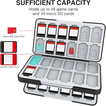 HEIYING Game Card Case for Nintendo Switch 2 / Switch OLED,Black Portable Memory Storage Games Holder with 48 Game Card Slots and 24 Micro SD Cards Slots