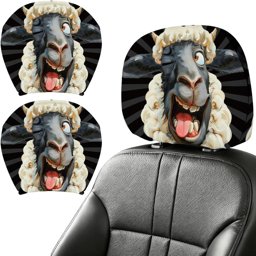 2PCS Crazy Sheep Car Headrest Cover Funny Elastic Car Seat Headrest Protector Universal Washable Auto Head Rest Pillow Cover for SUV Sedan Van Truck Women Men Vehicle Interior Gift