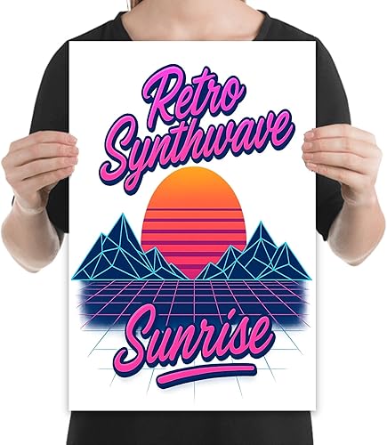Miniatura 2 de Neon Sunrise Retro Poster - Synthwave Wireframe Mountains - Gloss Paper Finish - Wall Art for Gaming Room or Music Studio