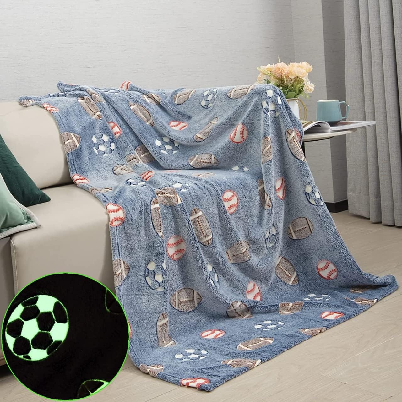 Magic Glow in The Dark Blanket (Big Size) Glow in The Dark Radium Blanket for Kids Super Soft & Warm Glowing Blanket for Toddler All Seasons Baby Blanket (Size 4 * 6 FEET) (Grey Sports Ball)