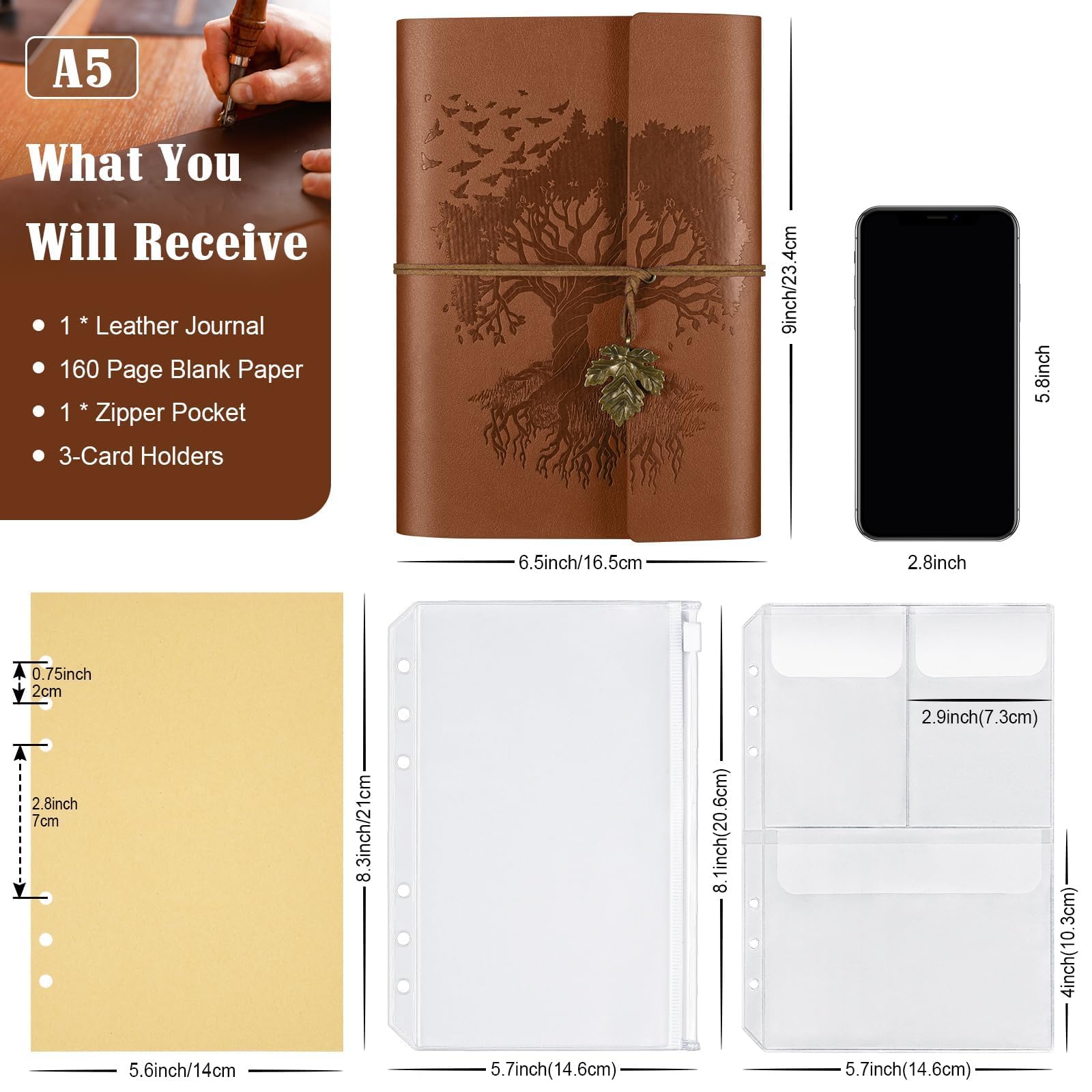 Leather Journal Notebook, Travel Journal with 2 Pockets, Vintage Refillable Journal for Writing Diary Journal for Women Men - Image 2