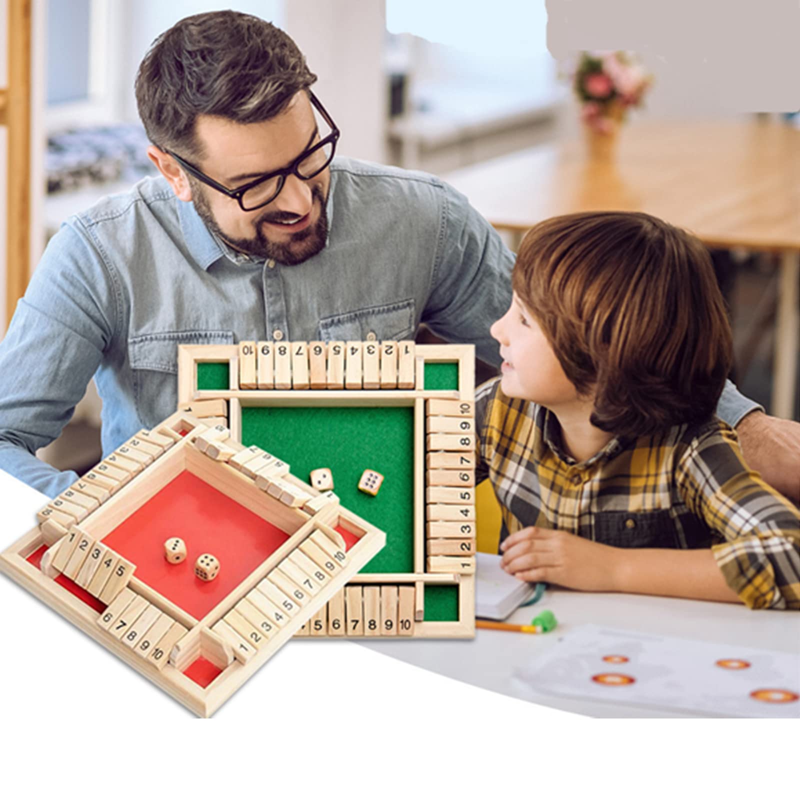 Prevently Shut The Box,1-4 Players Shut The Box Game Wooden Classic 4 Sided Board Game with Dice, Flip Me Game, Classics Tabletop Version 10 Numbers Traditional Wooden Pub Bar Board Game (Green)