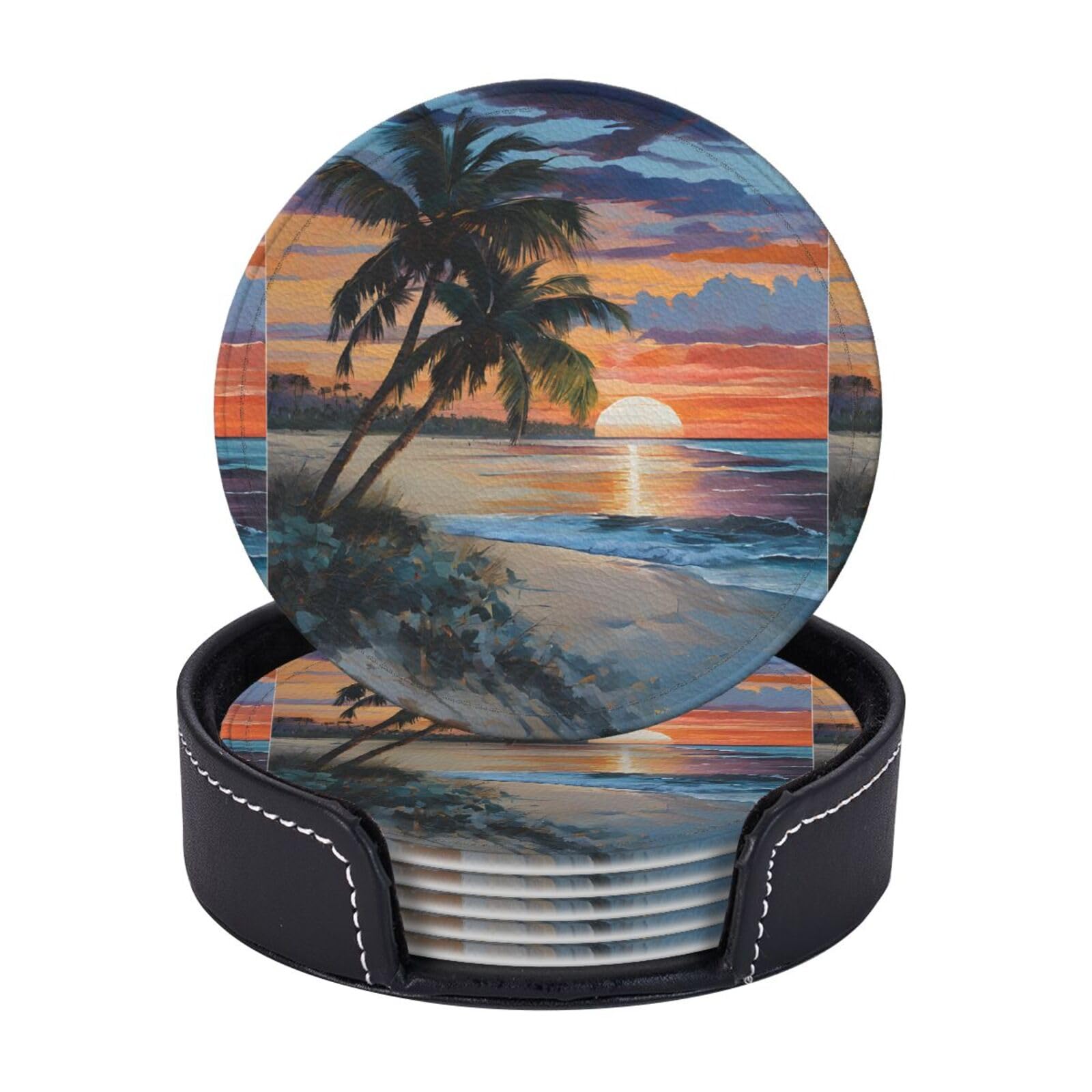 Coasters Set of 6 Microfiber PU leather Coasters with Holders for Drinks Coffee Bar Accessories, House Apartment Coffee Table Decor, Housewarming Gifts - Coconut Beach Sunset Hammock