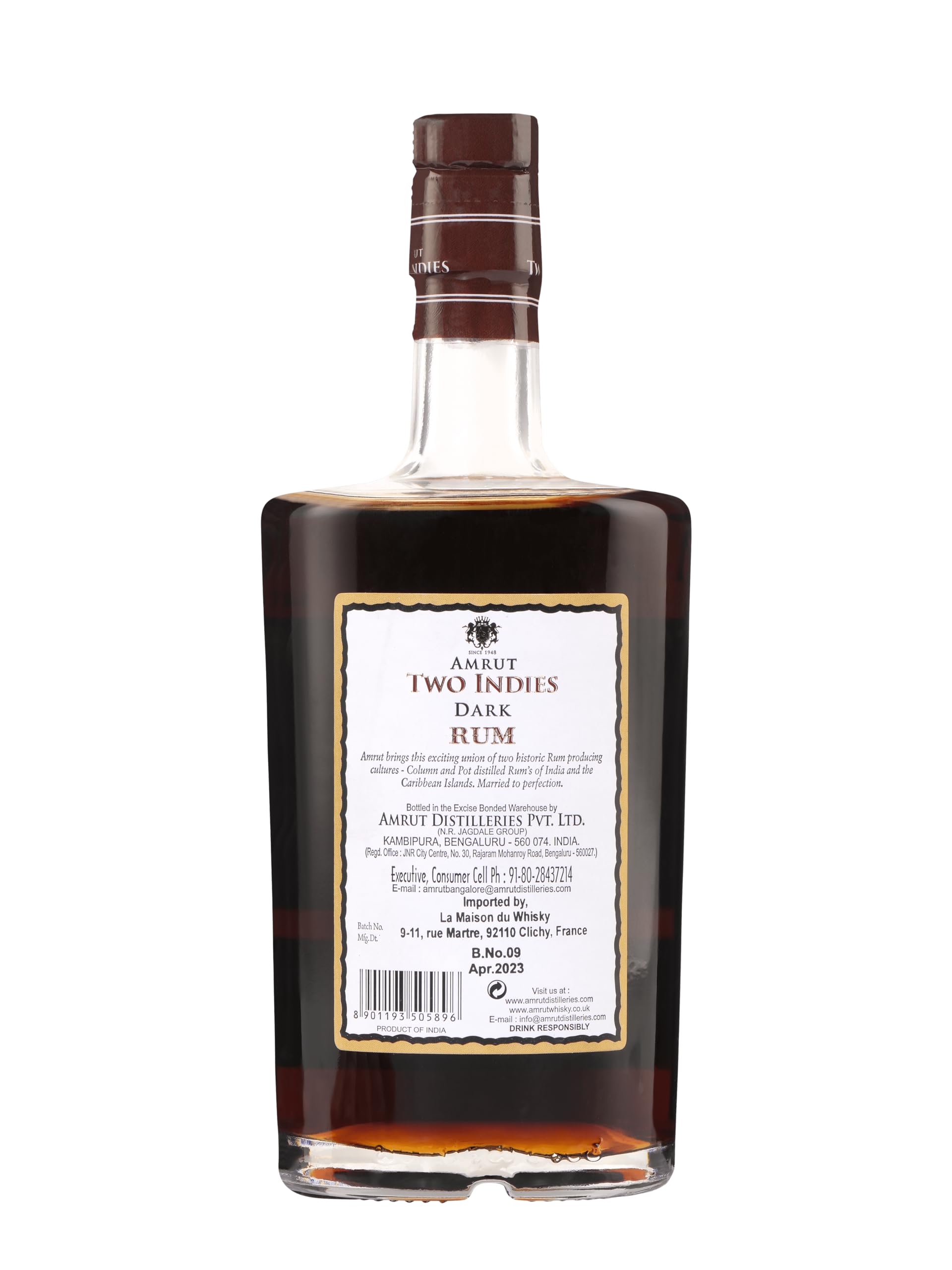 AMRUT - Two Indies Dark Rum - 42,8% Alcool - Origine : Inde - Notes de Fruits Noirs & Réglisse - A déguster pur ou en cocktail - 70 cl