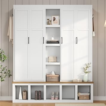 62.9" W Farmhouse 4-in-1 Hall Tree with 6 Hanging Hooks, Mudroom Wood Grain Bench with Open Compartments, Entryway Shoe Cabinet with Seating Bench for Living Room, Hallway, White White