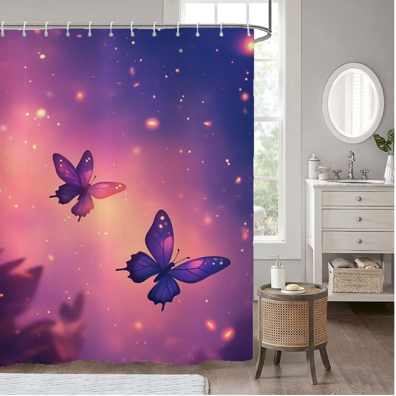 Duschvorhang 240x180 cm, Shower Curtains Schmetterling, Duschvorhänge Lila Wasserabweisend, Antischimmel, Waschbar Extra Breit Polyester Stoff Badevorhänge mit 12 Duschvorhangringe, Badezimmer 6H-230