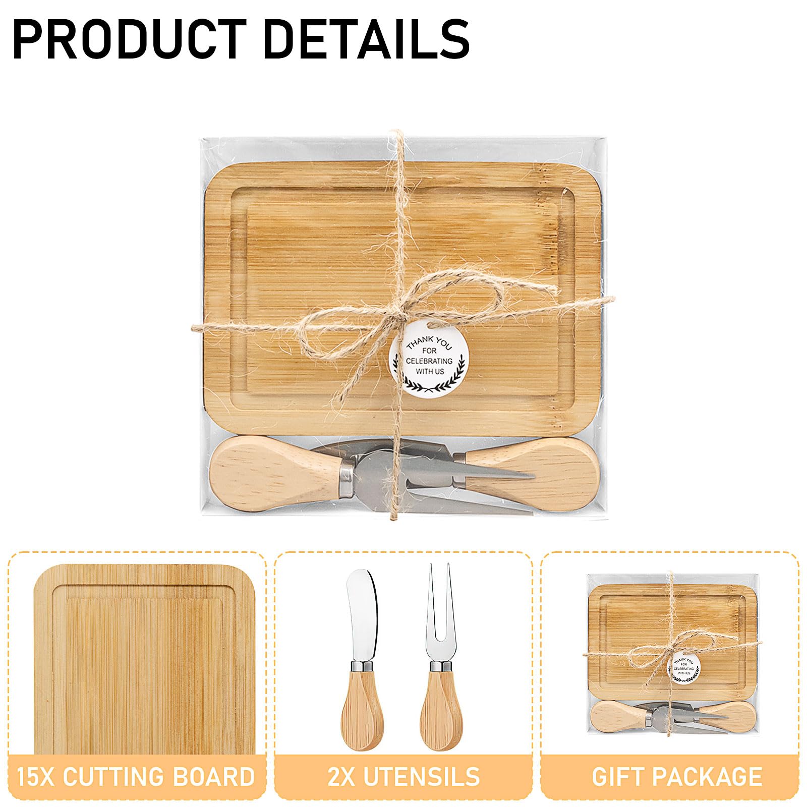 15er Set Käsebrett Gastgeschenke Hochzeit - Mini Charcuterie Boards aus Bambus mit Messer & Gabel - Mitgebsel für Gäste Babyparty, Taufe, Geburtstag - Inkl. Geschenkbox & Thank You Anhänger