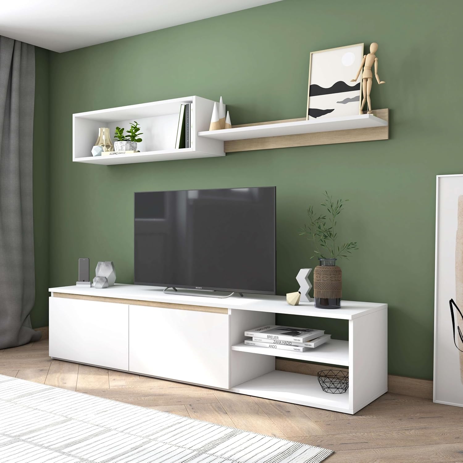 Mobelcenter, Mueble de Salón Oce 160, Módulo TV, Módulo Superior y Estante, Acabado en Color Blanco Mate y Sahara, Medidas: Ancho: 160 cm x Alto: 200 cm x Fondo: 39 cm (1568)