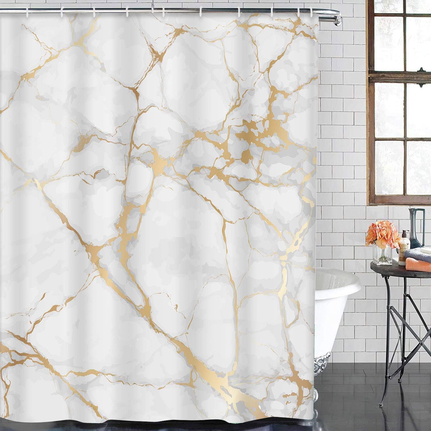 ArtSocket 4 Pcs Shower Curtain Set Marble Gold White Black Geometric Rose Stone Abstract Modern Vintage White Golden with Non-Slip Rugs Toilet Lid Cover and Bath Mat Bathroom Decor Set 72" x 72"