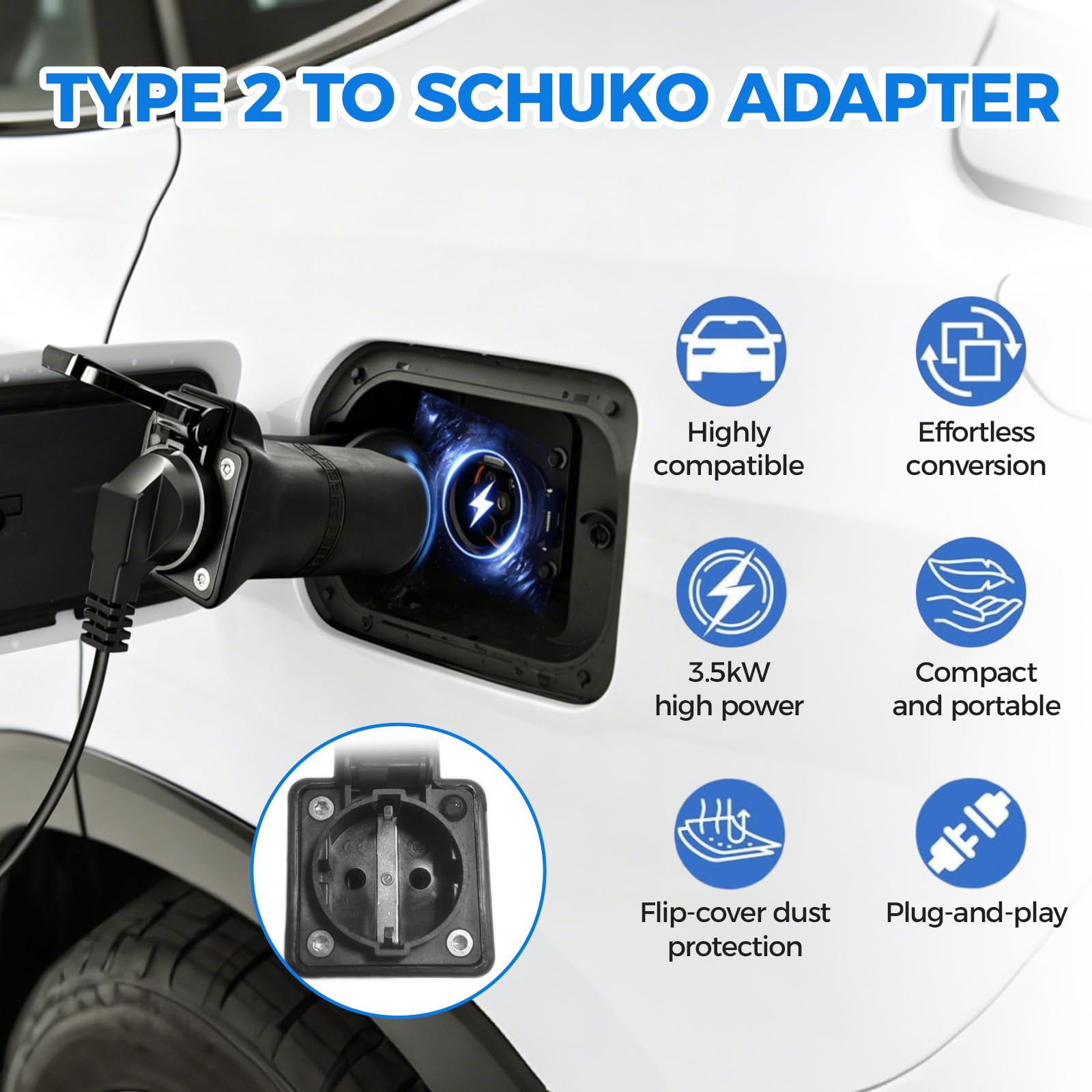Adaptateur Type 2 vers Schuko LED Station Recharge, 16A 3,5kW | Matériau ABS Résistant Voyant LED, 220V, Déchargeur Typ2 VAE Trottinette, Micro-VE Moto Électrique