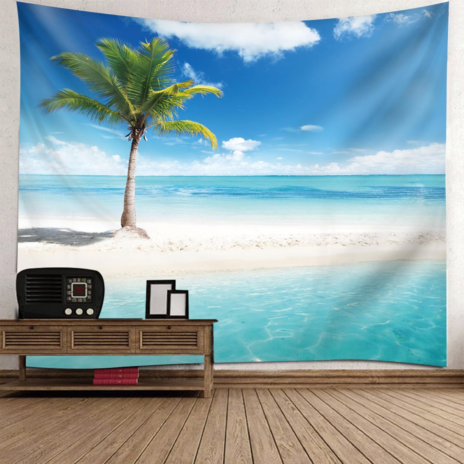 Tapiz de tela de 150x150 cm con diseño de playa caribeña para colgar en la pared 6