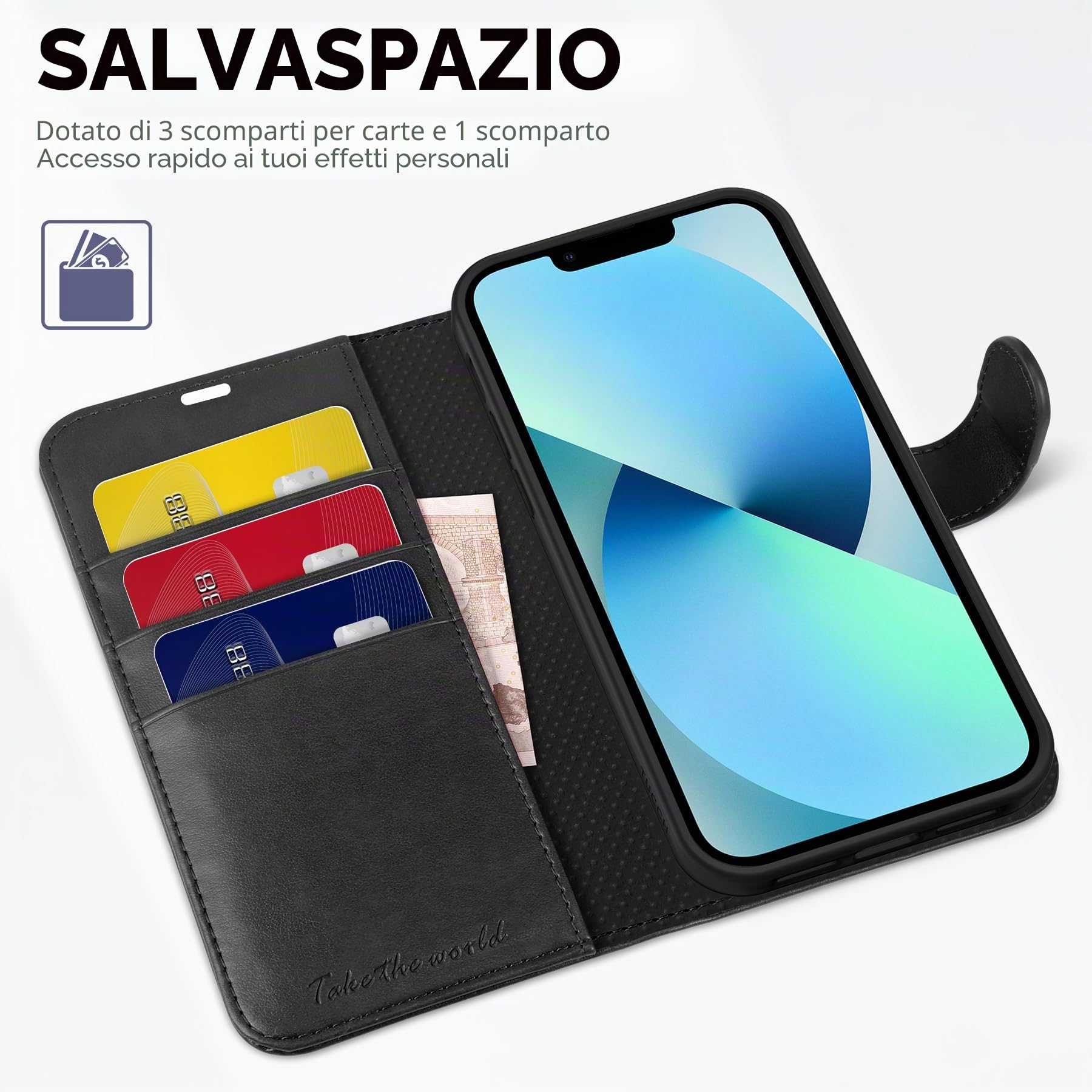 TUCCH Cover per iPhone 13 5G Custodia Magnetica Flip con Chiusura Protezione Resistente Pelle Sintetica Blocco RFID Portafoglio Tasca Carte Portacellulare Compatibile iPhone 13 (6,1" 2021), Nero