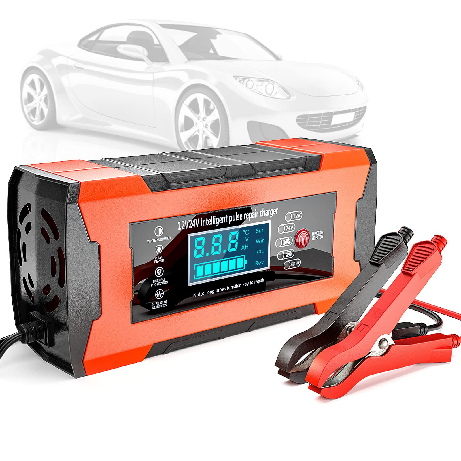 10Amp Car Battery Charger, 12V/24V Automatic Battery Charger Car Fully Battery Charger with 3-Stage Charging 6 Charging Mode LCD Screen Intelligent Charges for Cars Lawn Mower Boat