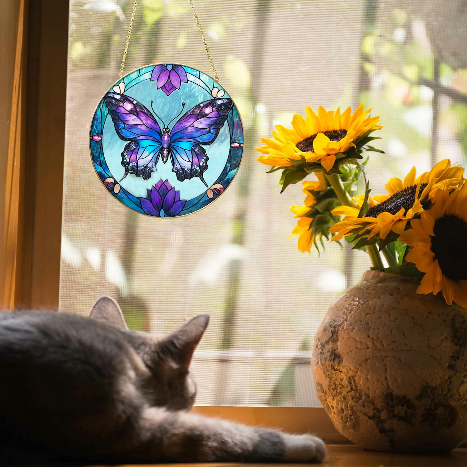 Schmetterling Buntglas Fensterbehang, 19,8 cm, handbemalt, Sonnenfänger, Glasscheibe, Wandkunst, Dekor mit Kette, Schmetterlings-Geschenke für Frauen, Mutter, Oma, Außen- und Innenbereich