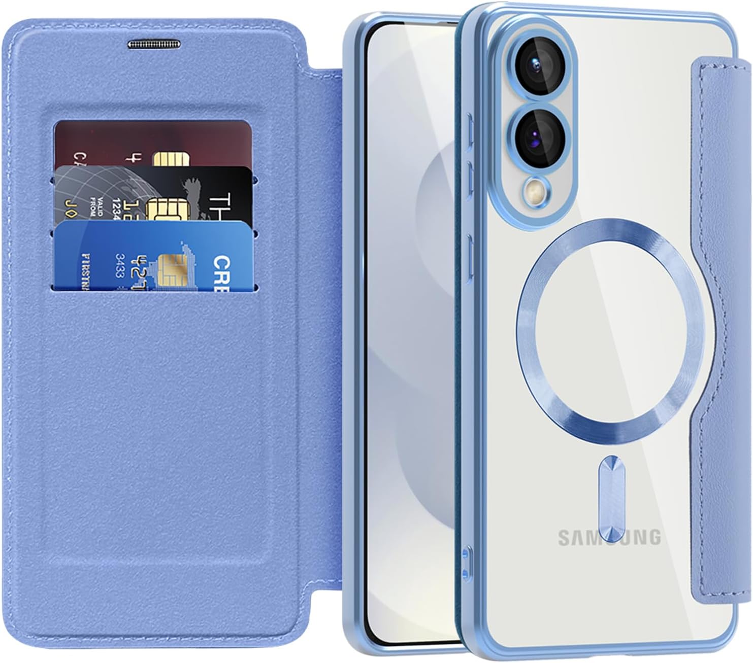 Samsung s25 Edge – Far Peak JDC Étui à rabat en cuir PU pour Samsung S25 Edge avec emplacements pour cartes arrière en TPU transparent Mag-Safe Bleu