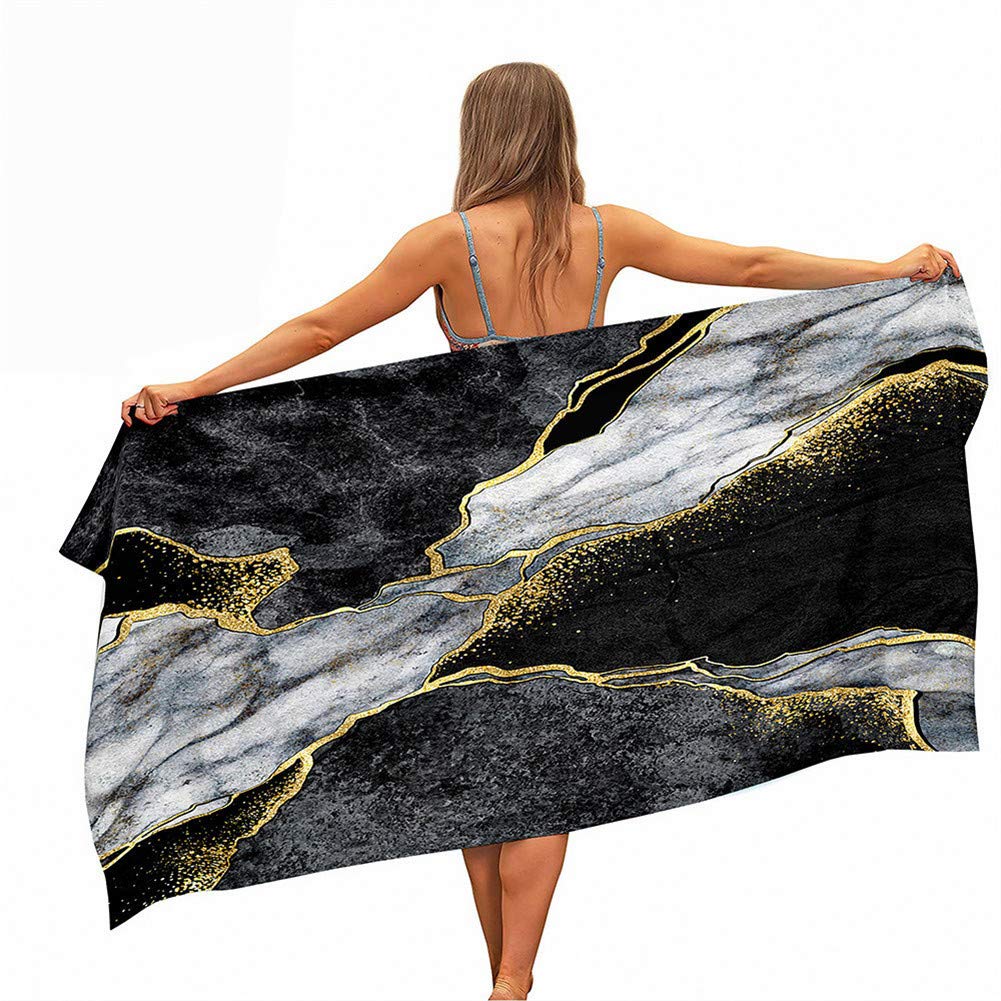 Surwin Girls Black Beach Bath Towel, 3D Marbling Marble Print Microfibre Quick Dry Extra Large Lightweight Super Soft Summer Towels For Travel Vacation Pool Swim Or Sports Fitness (,80X180cm)