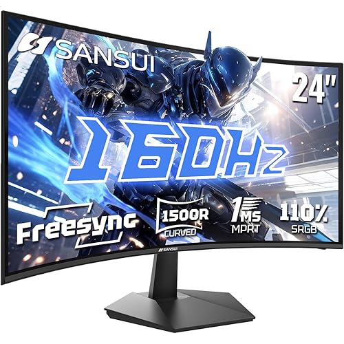 SANSUI 24 Inch Curved 160Hz Gaming Monitor,1500R Curved Gaming Monitor FHD 1080P Computer Monitor,MPRT 1ms Fast VA Display,Freesync,HDR,3000:1, HDMI2.0,DP1.4, VESA Support(ES-G24C1L HDMI Cable Incl.)