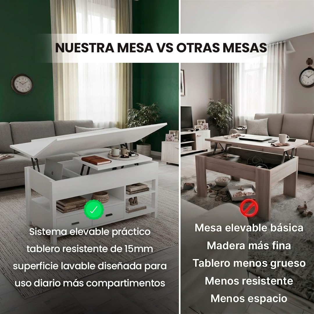 Marctani Mesa de Centro elevable 3 en 1 - Mesa de Centro Blanca con Almacenamiento Oculto y 2 Cajones, Mueble de Salón Extensible en Madera MDF para Escritorio y Comedor