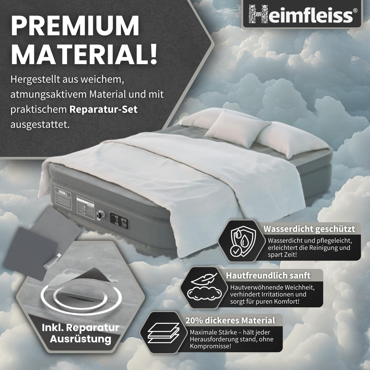 Heimfleiss® Luftmatratze Selbstaufblasend 150x200 cm Premium Luftbett 2 Personen Camping Gästebett mit Pumpe