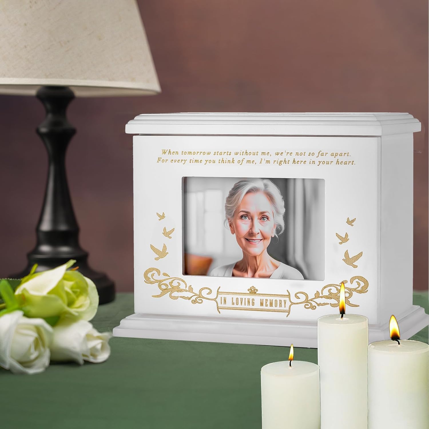 Cremation Urns for Human Ashes Adult Male or Female, Urn for Ashes for Women, Wooden Picture Frame Urns Box and Casket, Funeral Memorial Urns Box, Men Women Child, Holds 255 lbs (White)